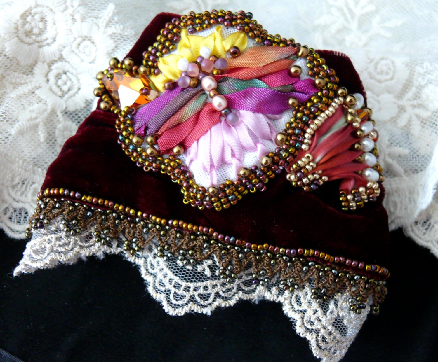 Bead embroidered velvet and lace wrist cuff by MaewaDesign