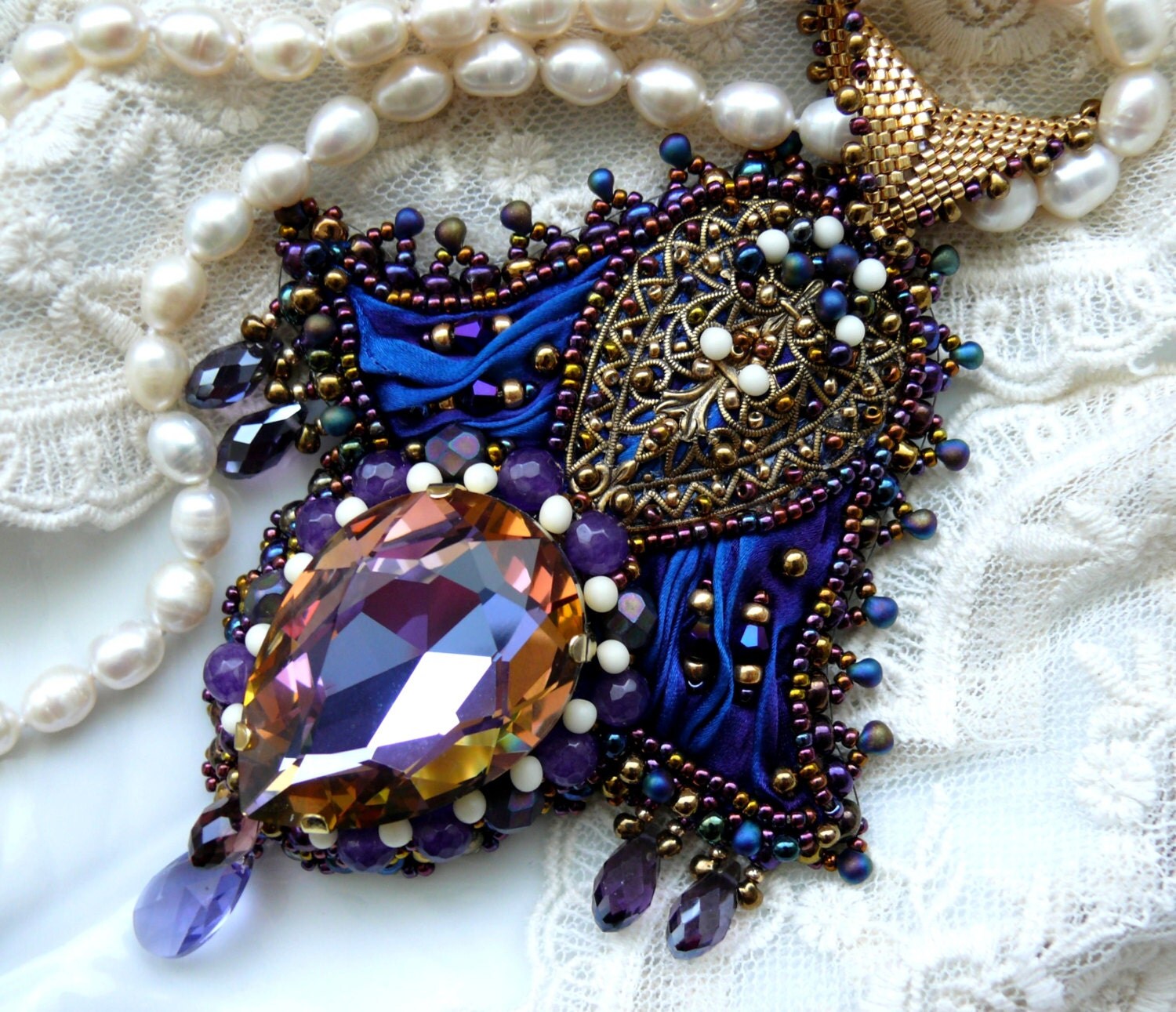 Bead embroidered Pendant necklace shibori silk ribbon crystal