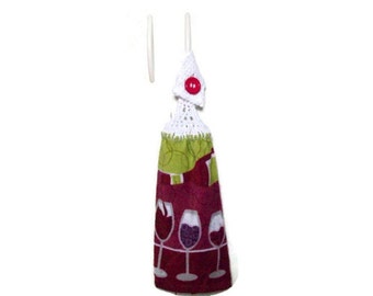 Wine lovers - Wine Glasses - Red Wine - Hanging Kitchen Towel - Crochet Top - Button Towel