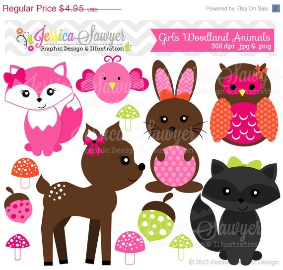 80% OFF - INSTANT DOWNLOAD, girls woodland animals clipart, forest clip art, for personal use, commercial use, party supply, scrapbooking Il_570xn