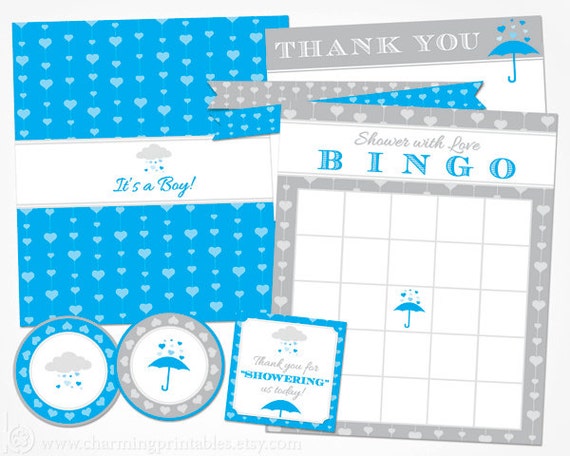 Rain Shower Baby Shower for Boy - INSTANT DOWNLOAD Printable Party Kit Package - Blue and Gray Grey Rain Shower with Love Decorations Il_570xn