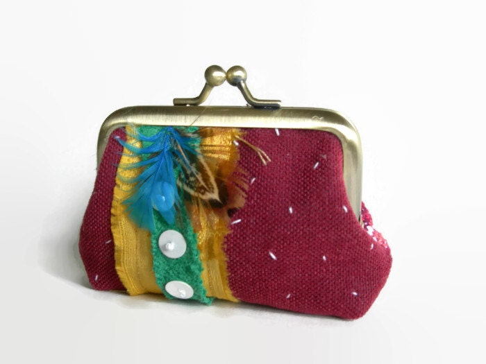 Handmade Mixed Media Coin Purse. Embroidered panel. Floral