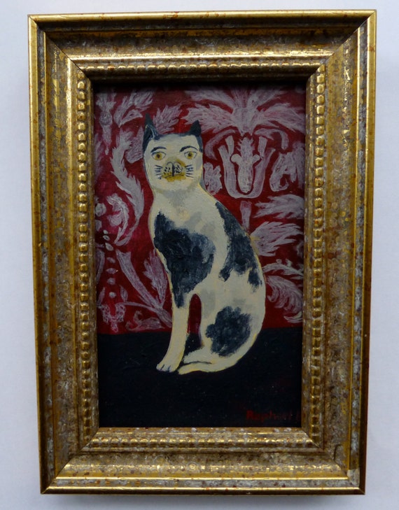 Miniature original cat painting antique style frame folk art
