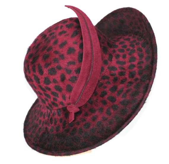 Burgundy Leopard Print Womens Hat Large Brim by MakowskyMillinery