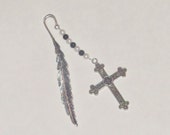 Religious bookmark with silver cross; Tibetan silver feather bookmark; Pearl beaded Christian gift; Cross bookmark,