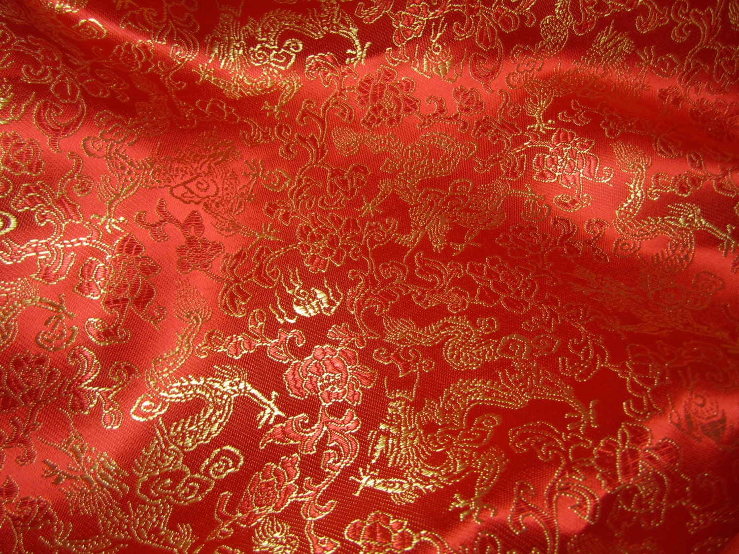 Chinese brocade fabric in bright red with golden by TintinBeads
