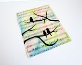 love birds on tree branch vintage sheet music art painting black with green leaves 8x10
