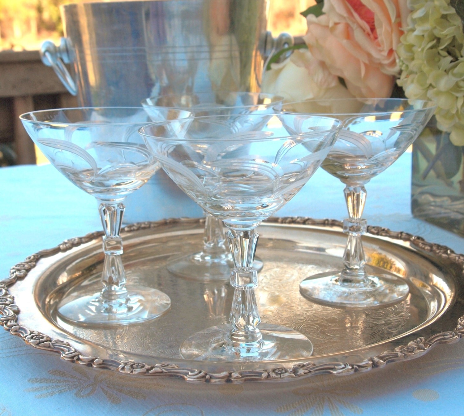 Vintage Crystal Champagne Coupe Glasses Blown Glass Etched