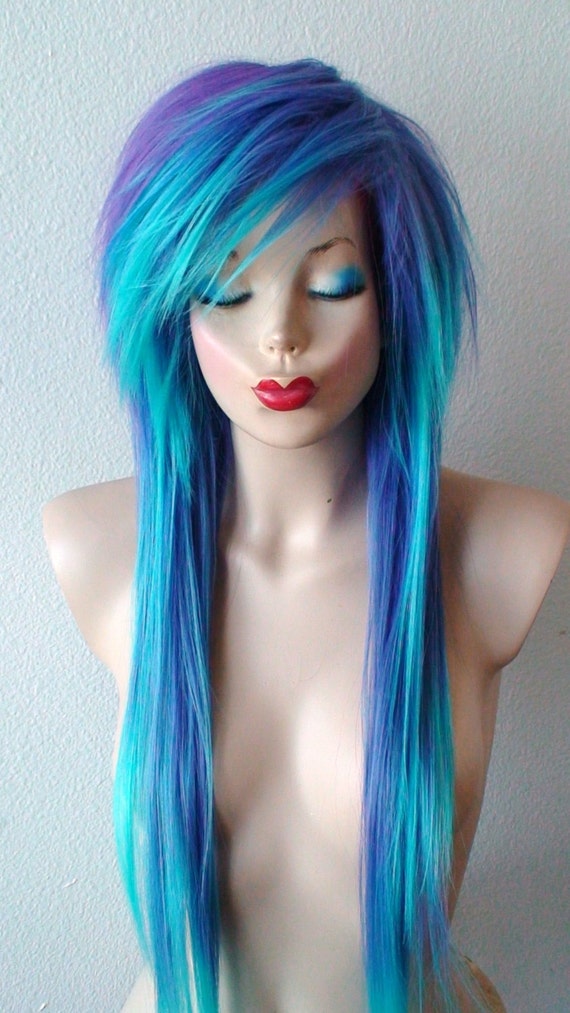 Scene wig. Emo wig. Teal/ Purple wig. Long straight hair side