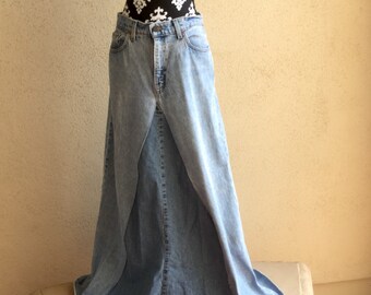 Long redone denim skirt with lace and vintage by TwirlandTango