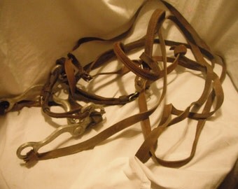 Vintage leather bridle bit and reins