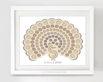 99 Names Of Allah, Peacock (Vintage), Islamic Art Print, Modern Islamic Wall Art