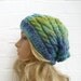 Hand Knit Hat, Women's Slouchy Beanie Cabled Hat, Blue Green Braided Hat, Christmas Winter, Clickclackknits