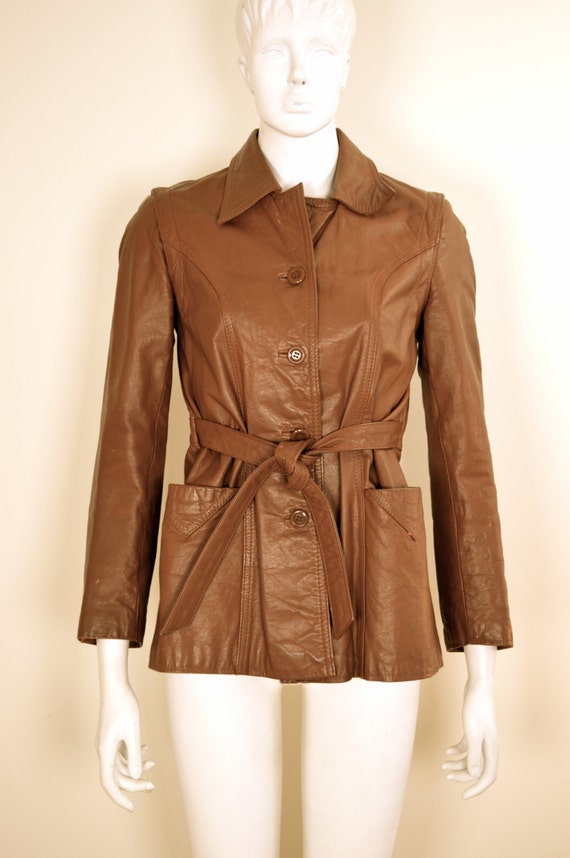 70s Leather Jacket Women: Vintage Belted Brown by MyrtleBedford