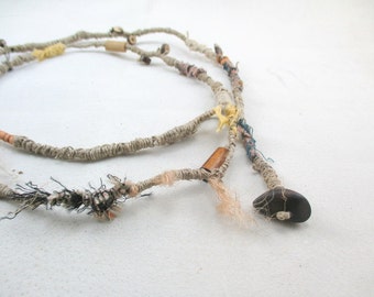 Tribal Wrapped Necklace, Flax Twine and Leather, Braided Artisan Necklace, OOAK