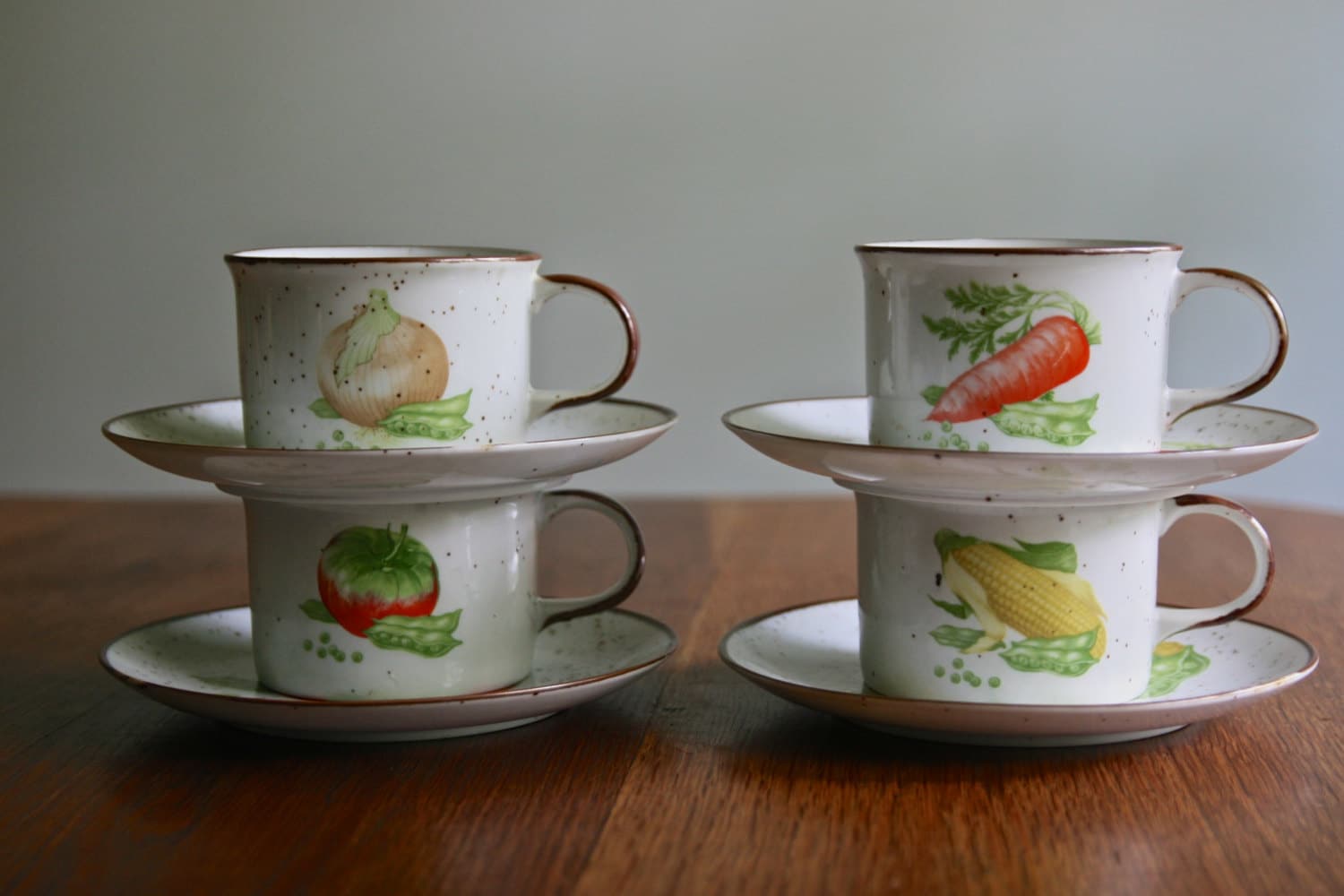 Vintage set of 4 Soup Cups and Saucers with Vegetable designs Haute Juice