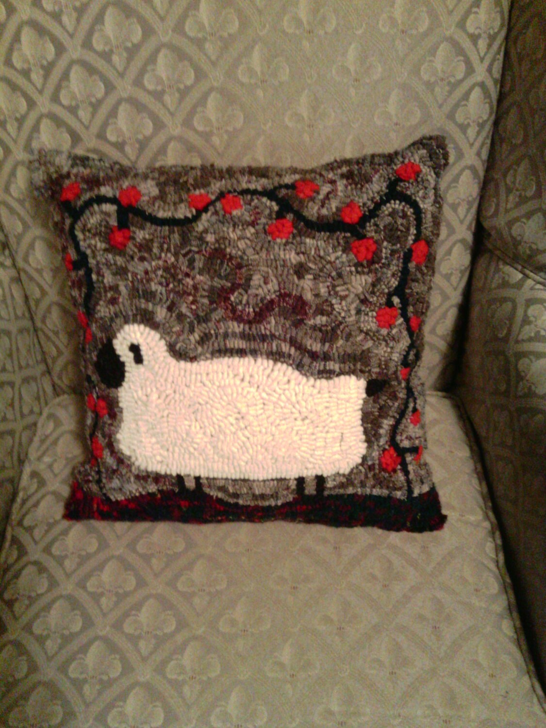 Rug Hooked Pillow of a Sheep