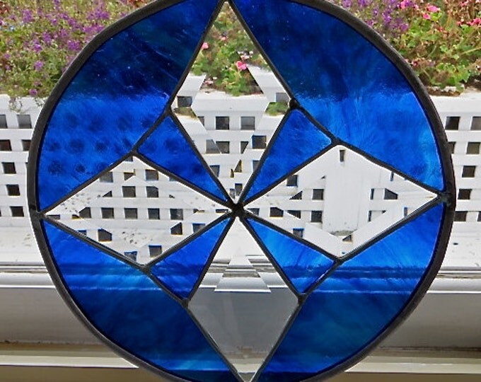 Art Deco Suncatcher Star Cobalt Blue Beveled Glass Large Sunroom Porch Decor 11"