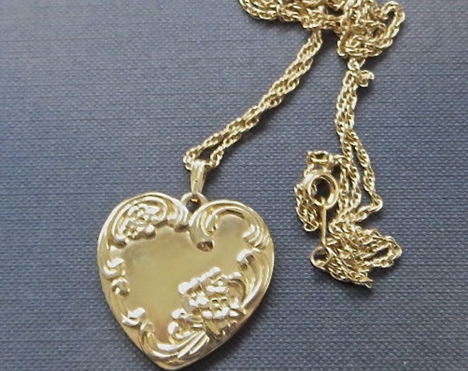 Art Nouveau Heart Necklace, 28" chain, Raised Florals, Love Etched on Back, Classic and Elegant