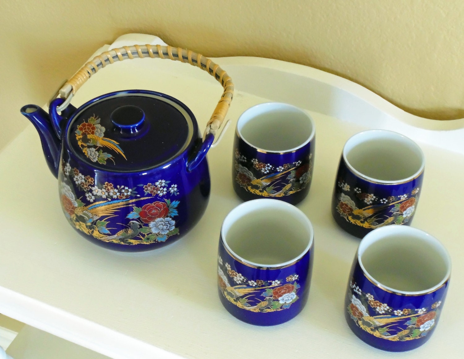Japanese / Asian Cobalt Blue Tea / Sake Set with Painted
