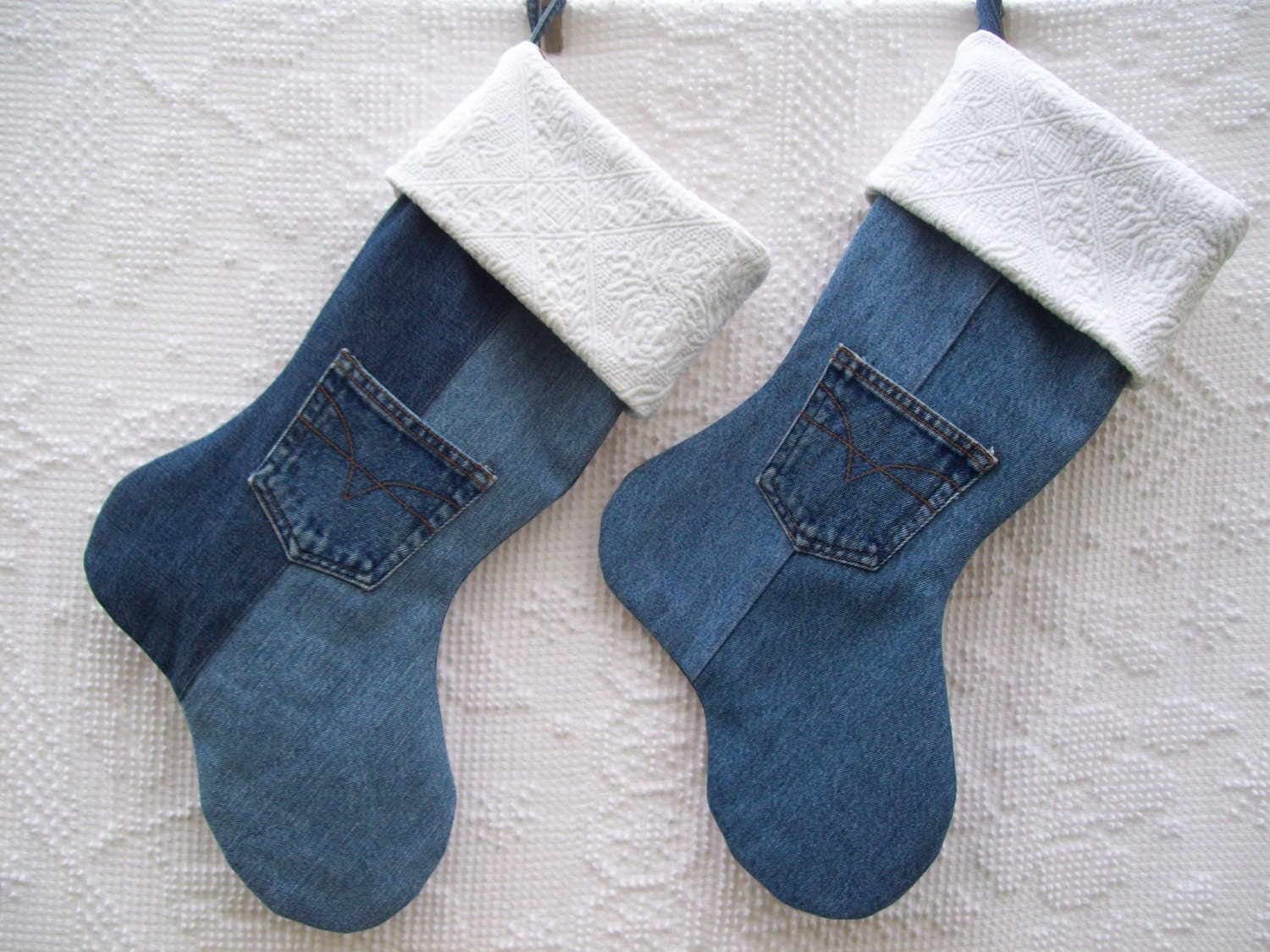 Blue Denim Christmas Stocking with Jean Pockets Set of Two