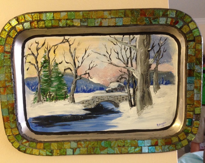 Acrylic Scenic Painting on Silver Colored Metal Tray Framed with Small Tiles