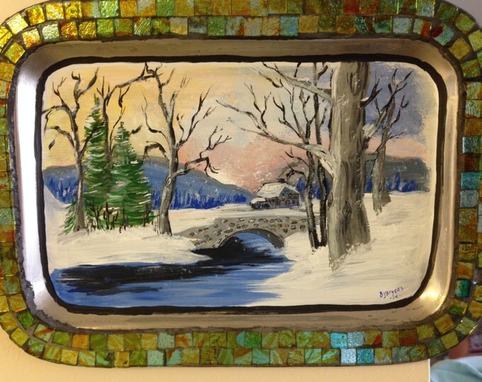 Acrylic Scenic Painting on Silver Colored Metal Tray Framed with Small Tiles