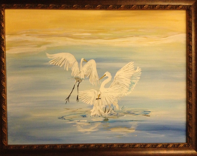 Egret Trio Painted in Acrylics, Frolicking in the Water