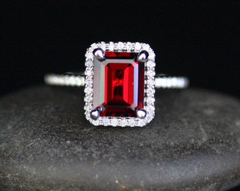 Stunning Natural Red Garnet Engagement Ring Diamond Halo Ring in 14k White Gold with Pyrope Garnet Emerald Cut 9x7mm
