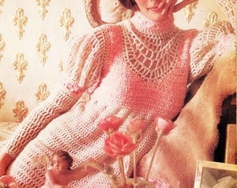 Crochet Lace Midi Dress Vintage Pattern - PDF Instant Download - 70s Empire Puff Sleeve Dress - Digital Pattern - Lingerie Gown - Loungewear