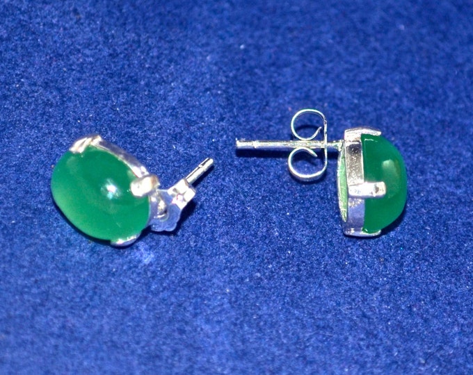 Indian Jade Studs, 10x8mm Oval, Natural Cabochons, Set in Sterling Silver E656