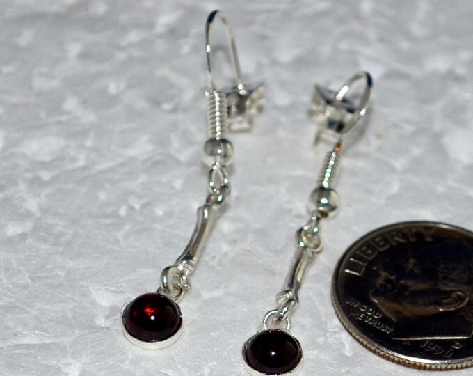 Red Garnet Dangles, 5mm Red, Natural, Set in Sterling Silver Bezel Cup E690