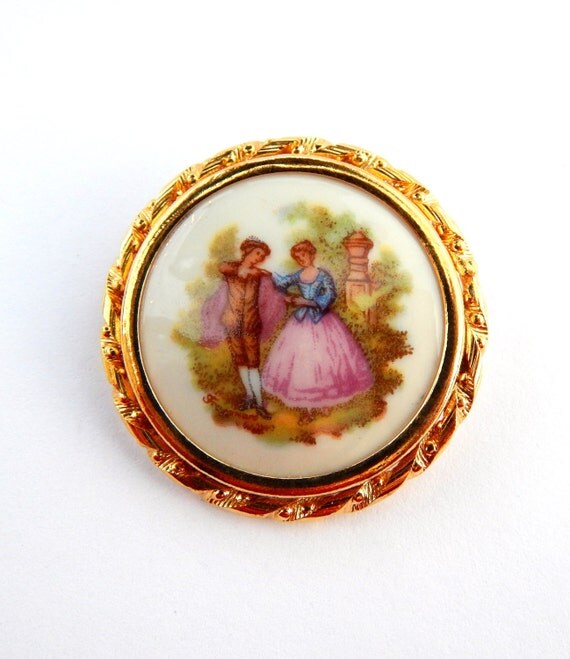 Vintage Limoges Porcelain Brooch Pin Trombone Closure Limoges