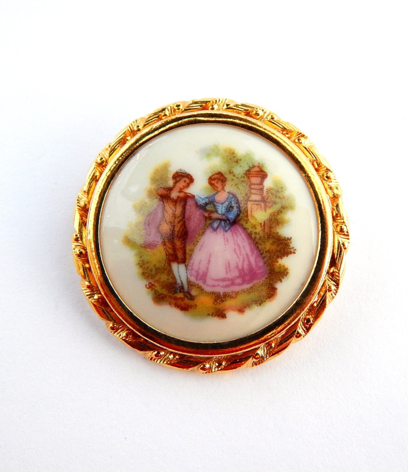 Vintage Limoges Porcelain Brooch Pin Trombone Closure Limoges