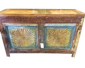 Antique Chakra Carved Sideboard Reclaimed Blue Yellow patina Furniture - Indi Boho Chest Buffet