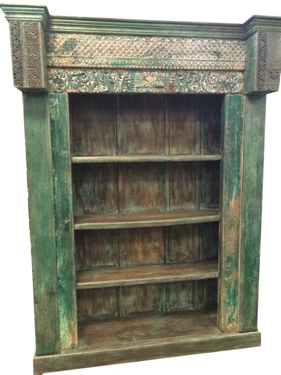 Wooden Bookcase Rustic Hand Carved Jaipur Patina by MOGULGALLERY