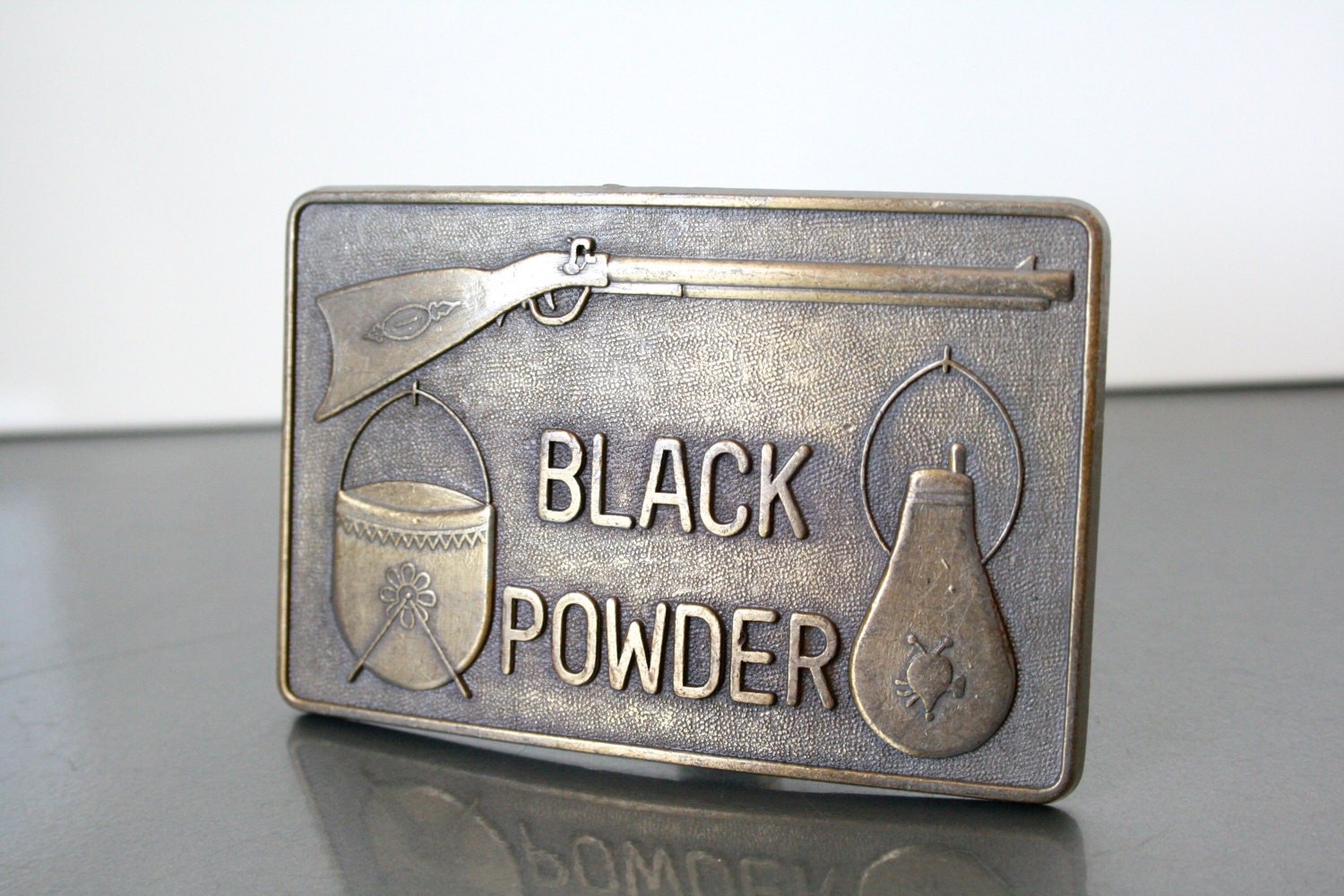 Vintage Embossed Brass Belt Buckle / BLACK POWDER / Shotgun