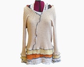 Upcycled Hoodie Women's Tunic Large Cream Gold Orange Fall Colors Recycled Boho Eco Friendly