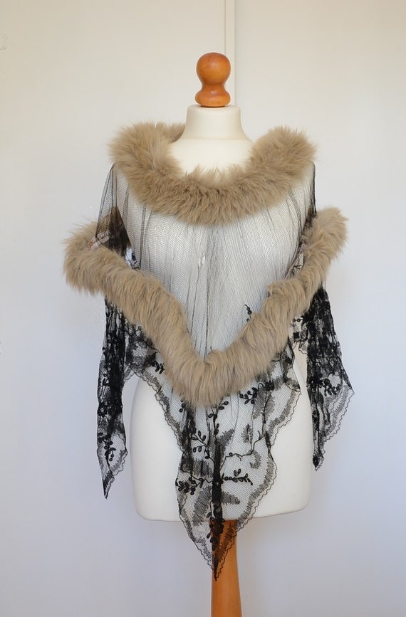 Deposit for Hayley 1920s fur and black lace shawl. Antique