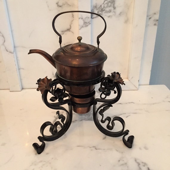 Vintage Copper Teapot with Iron Warmer Stand