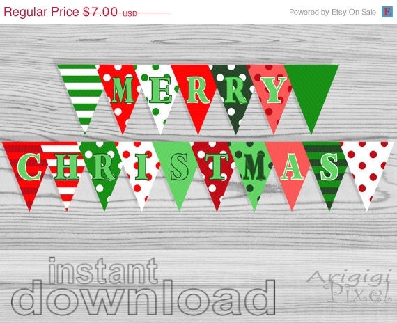 ON SALE 70 % OFF Merry Christmas Party Banner, Polka Dot, Striped, Diy holiday pennant, red, green, printable bunting banner, ready to print Il_570xn