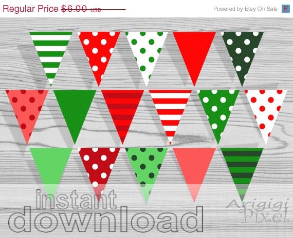 ON SALE 70 % OFF Christmas Printable Banner, Polka Dot, striped pennant, red, green, party bunting banner, instant digital download, ready t Il_570xn