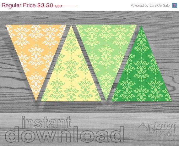 Spring SALE 50 % OFF printable pennant fresh spring colors botanical damask pattern yellow green DIY spring party decoration Il_570xn