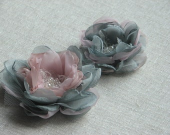 Pink grey hair flowers Grey hair flower Pink hair flower Pink ivory lace hair clips Grey pink bridesmaids gift Grey pink flower girls gift