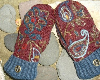 Sweater Mitten, beautiful embroidered flowers and paisleys on wine ...