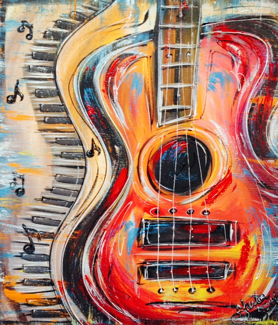 Funky Abstract colorful Guitar and keyboard with music 