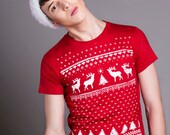 Mens Retro Christmas Jumper style Reindeer  Tshirt - Christmas Red
