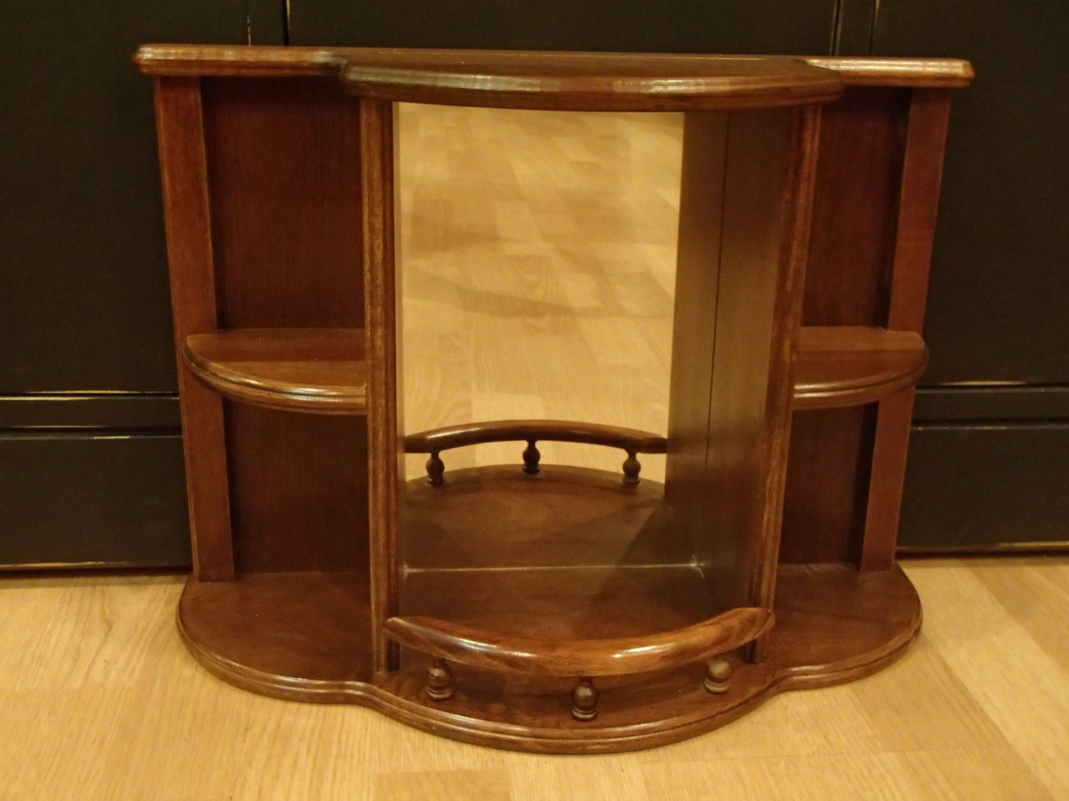 Vintage Wood Display Case with Center Mirror, Four Side Shelves and