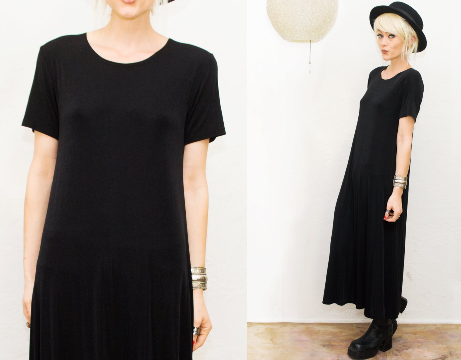 90s Black Minimalist Short Sleeve Long Maxi Dress / Slinky