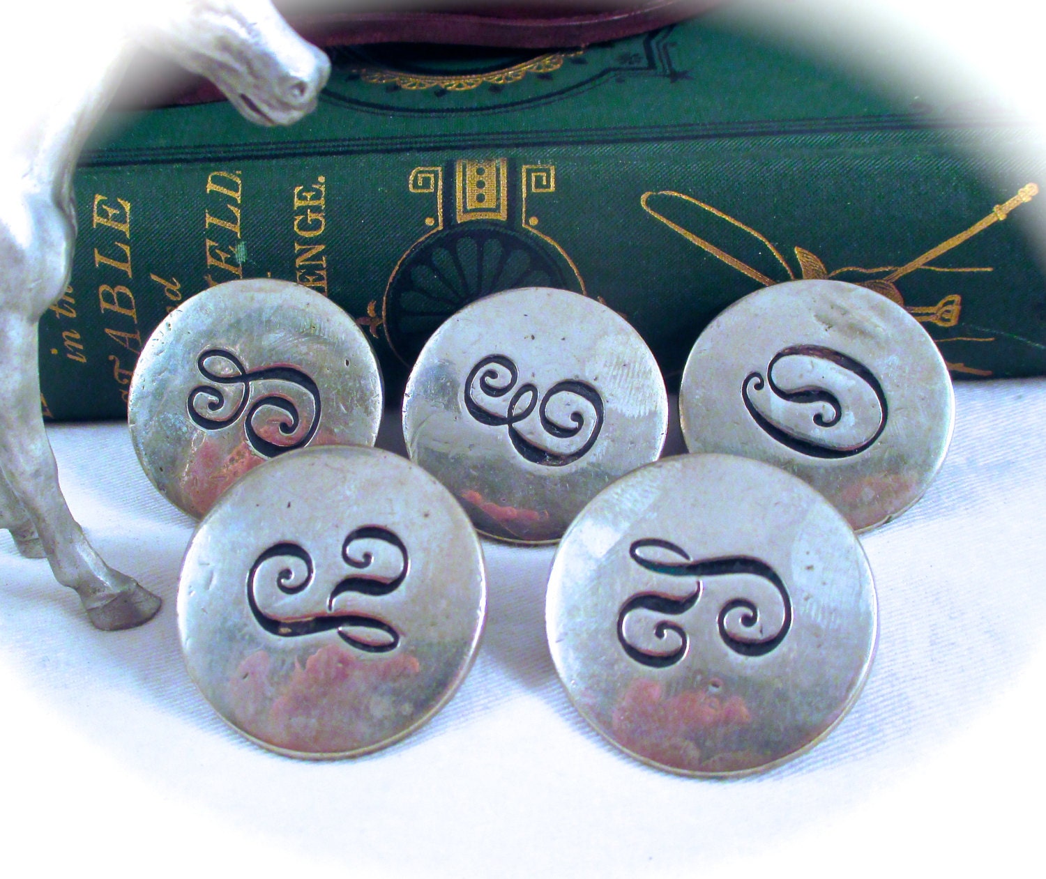 5 Antique HORSE BRIDLE BUTTONS Shiny Silver by DaffodilsVintage